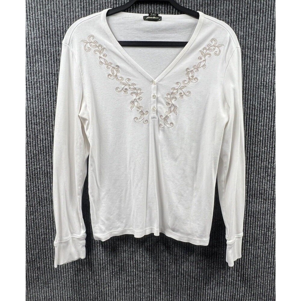 Eddie Bauer Shirt Womens Large White Blouse Top Cotton Embroidered Top Front